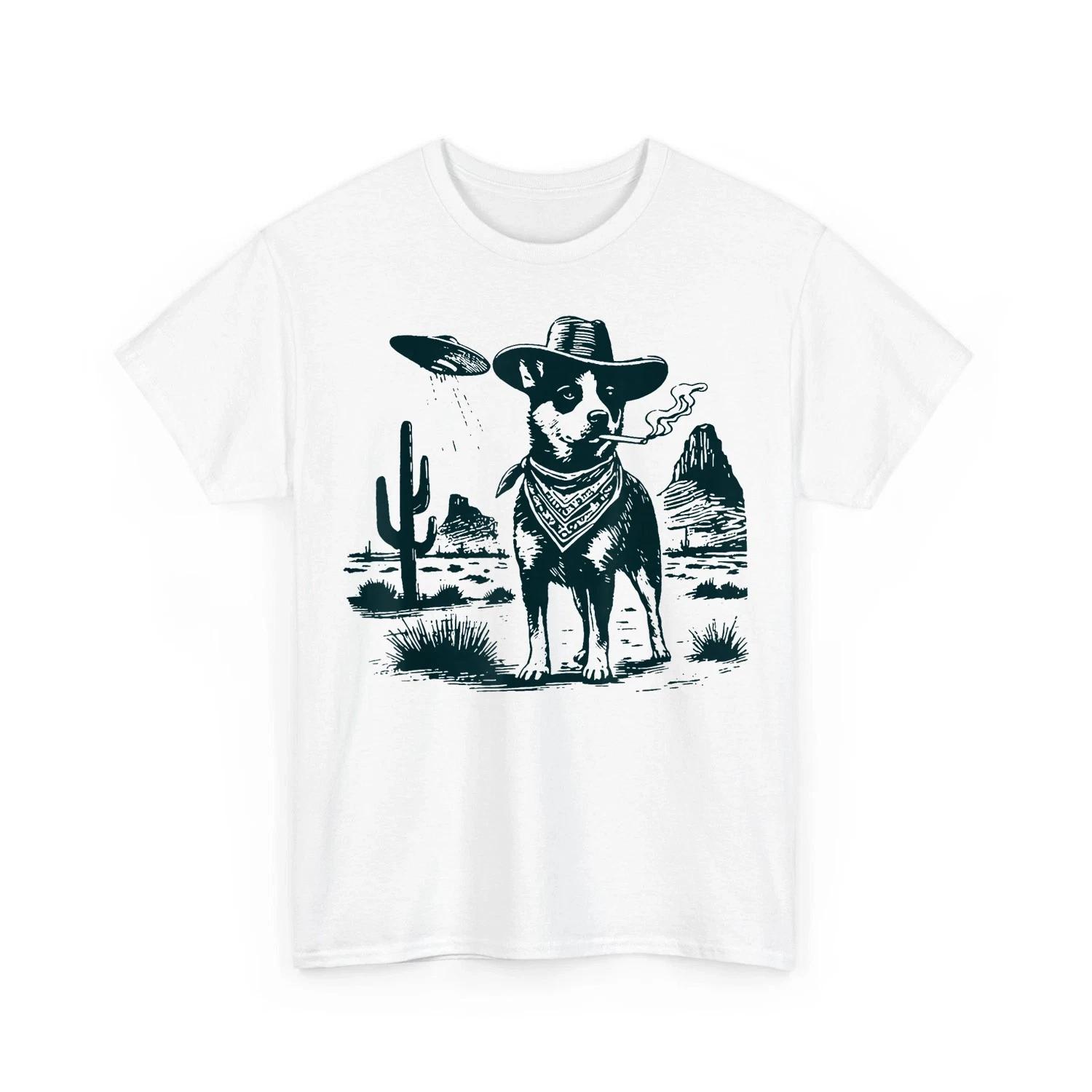 Western Cowboy Dog Smoking with UFO Australian Cattle Dog Funny Unisex T-Shirt 3XL