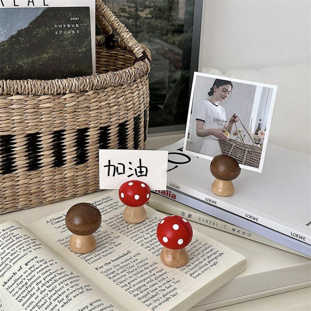 Cute Wooden Mushroom Note Holder Cartoon Space Saving Photo Holder DIY Business Card Holder