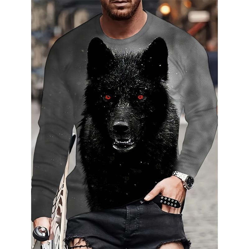 Animal Print Men's Long Sleeve T-shirt Spring And Autumn Men's Daily Casual Top 3D Wolf Print Men's Fashion Long Sleeve T-shirt