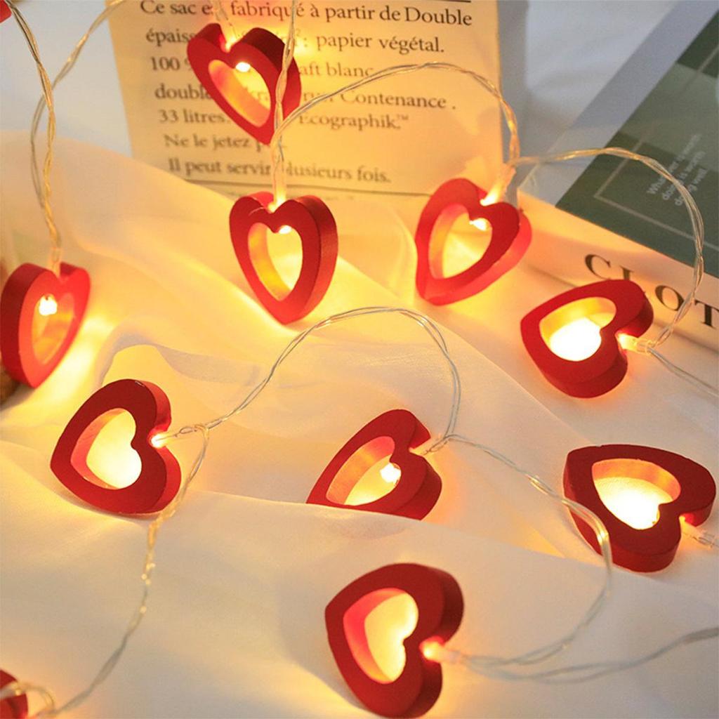 1.5m Wooden String Light Led Lights Battery Operated Fairy Birthday Decoration Decorative Heart Shape White Outdoor Party Indoor