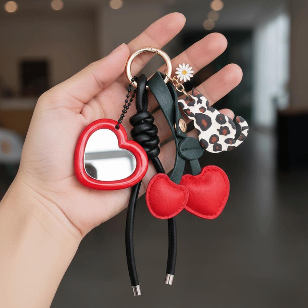 Heart-shaped Mirror Cherry Leather Keychain Bag Accessories Cat Cherry Bag Pendant Birthday Gift