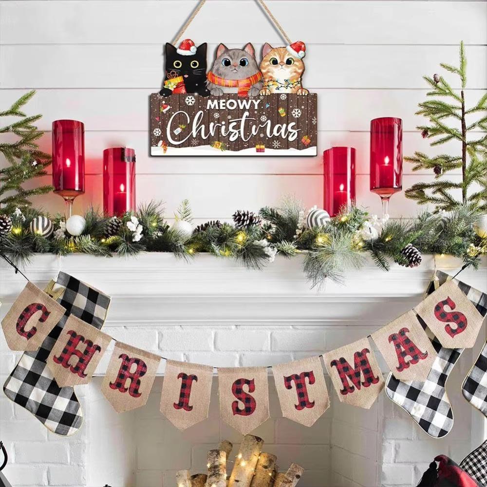 Eco-Friendly Christmas 3 Kitten Hanging Board Wooden Cat Christmas Door Sign  Entrance Hall
