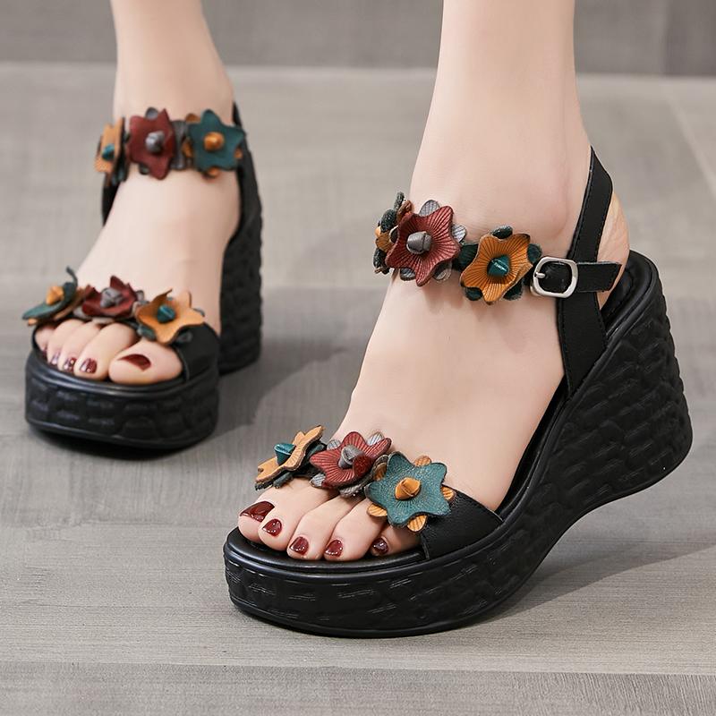 Fashion GKTINOO Genuine Leather Retro High Heels Sandals Women Shoes Buckle Strap 2025 New Spring Summer Wedges Lady Platform Sandals