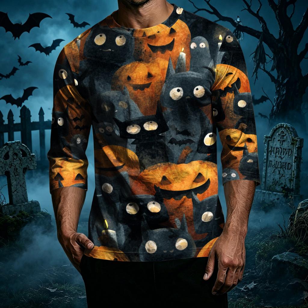 Men's Casual Halloween Printed Crew Neck T-Shirt Three Quarter Sleeve Top Lightweight Comfortable Fit for Everyday Wear