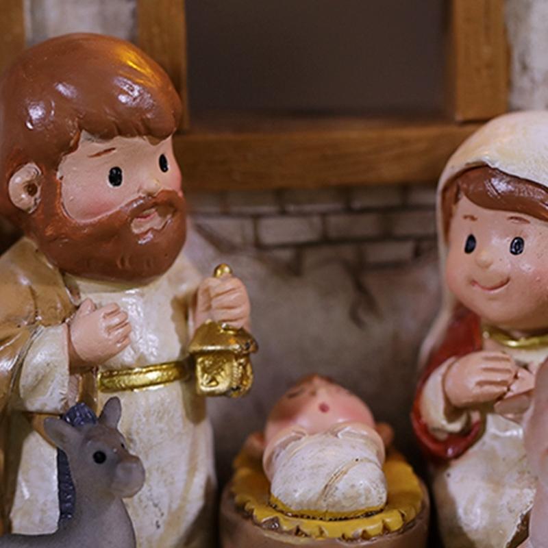 Celebratory Christmas Nativity Set Resin Figurines Nativity Scene with LED Accent Light for Home Office Decoration