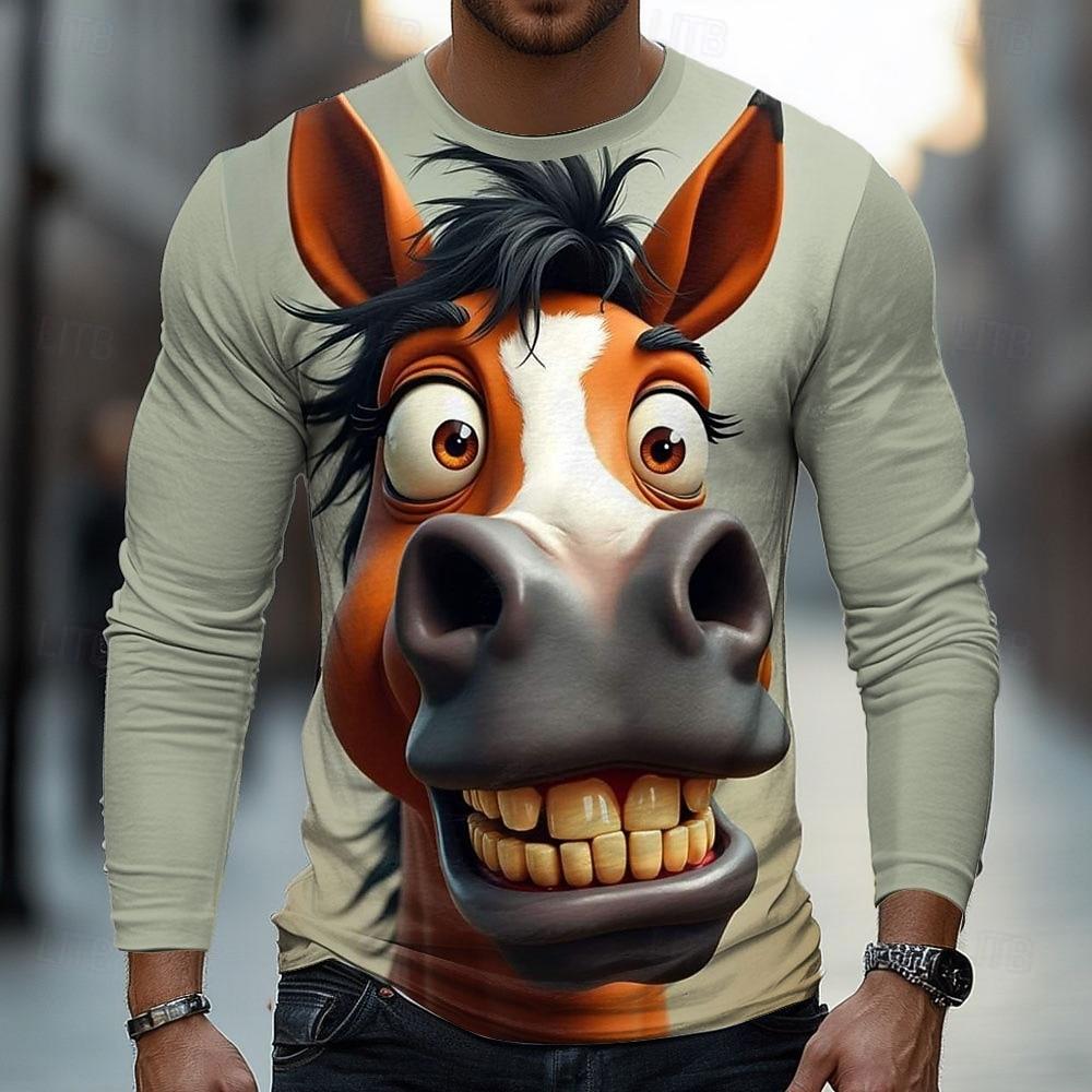 Herbst und Winter Herren Pferd 3D-Druck Rundhals Langarm T-Shirt