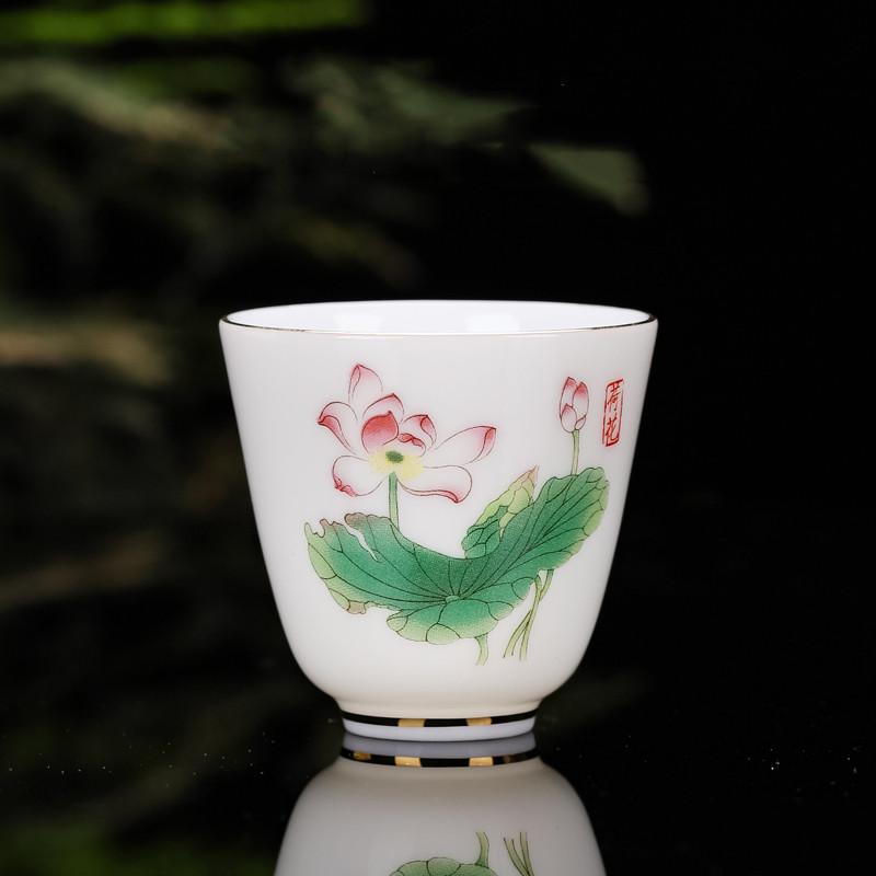 Chinese Ceramic Teacup Travel Personal Meditation Cup Hand Painted Lotus Leaf Tea Bowl Pu'er Master Cup Tea Set Accessories 65ml
