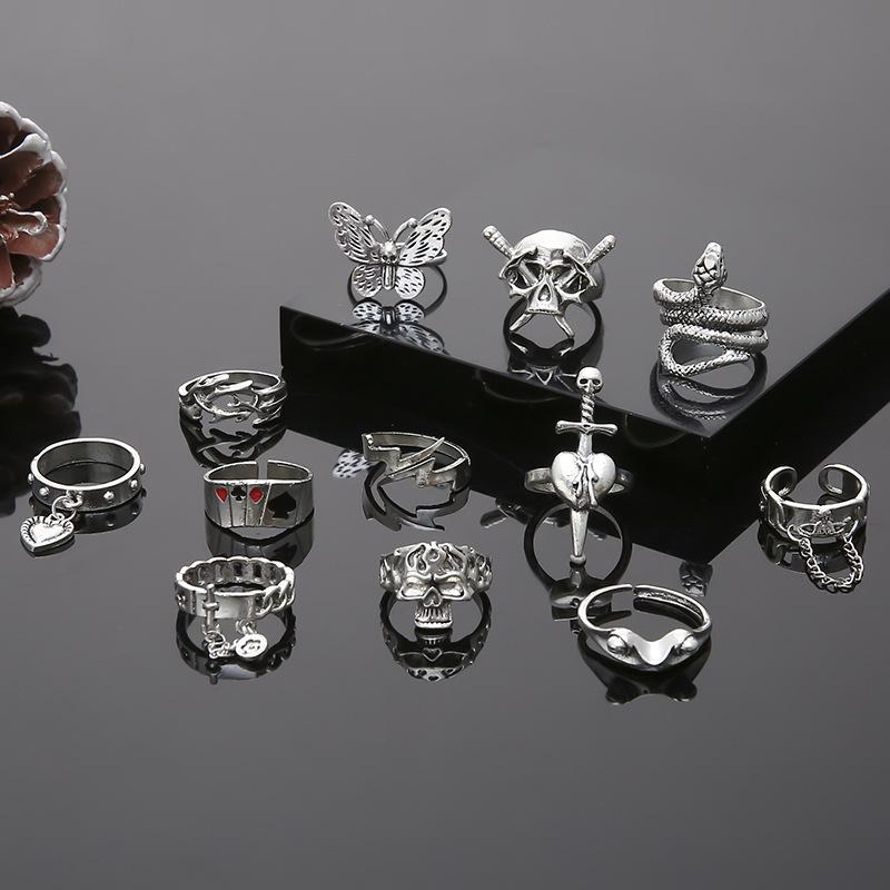 Set of Rings, Exaggerated Skull, Sword, Punk Style, Snake-shaped Butterfly, Animal Combination, 12-piece Set