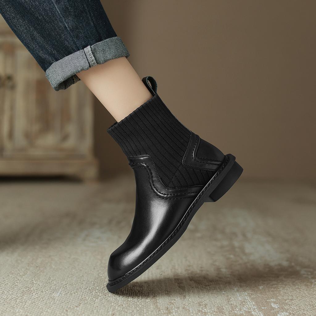 [Genuine Leather Handmade Women's Shoes] Autumn and Winter Round Head Coarse Heel Martin Boots Women's Boots Skinny Boots Women
