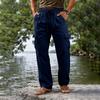 Men's Cotton Linen Drawstring Waist Straight Leg Breathable Long Cargo Pants Casual Loose Fit Trousers with Pockets