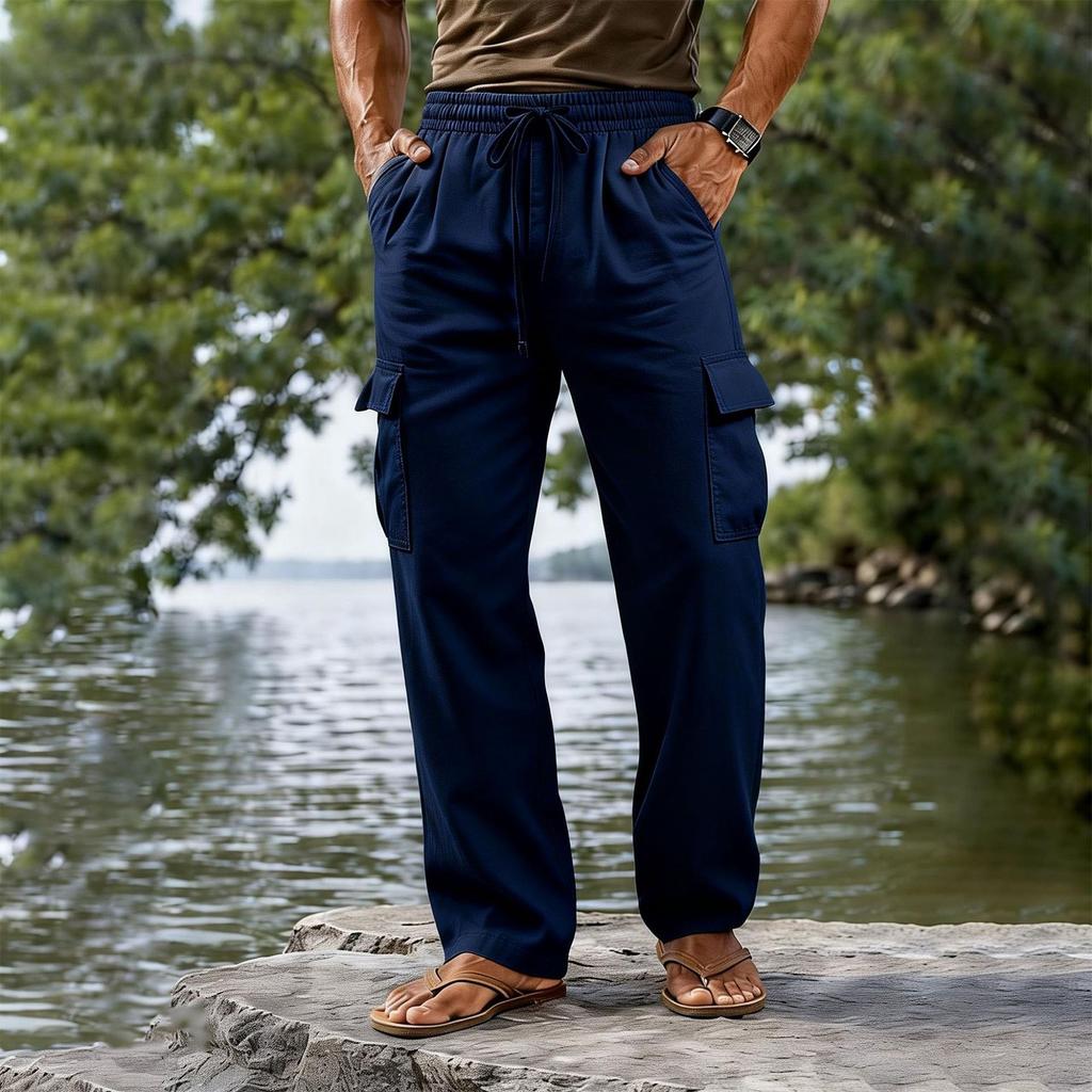 Men's Cotton Linen Drawstring Waist Straight Leg Breathable Long Cargo Pants Casual Loose Fit Trousers with Pockets