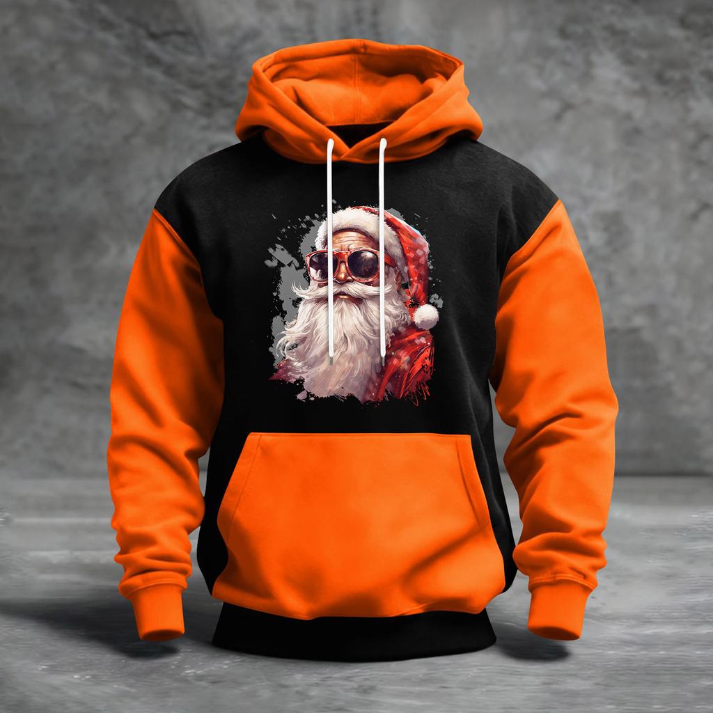 Erkek Noel Baskılı Renk Bloklu Kapüşonlu Günlük Spor Konfor Sweatshirt