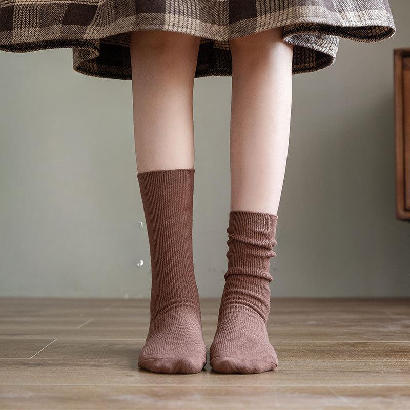 Coffee-colored Dui Dui Socks for Women's Autumn and Winter, Thin Double-needle Striped Long Socks for Women, Breathable Cotton Socks