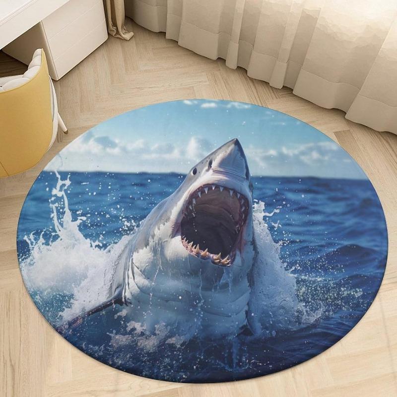 Realistic Great White Shark Round Area Rug Ocean Wave Shark Attack Print Non-Slip Circular Carpet Nautical Marine Themed Mat