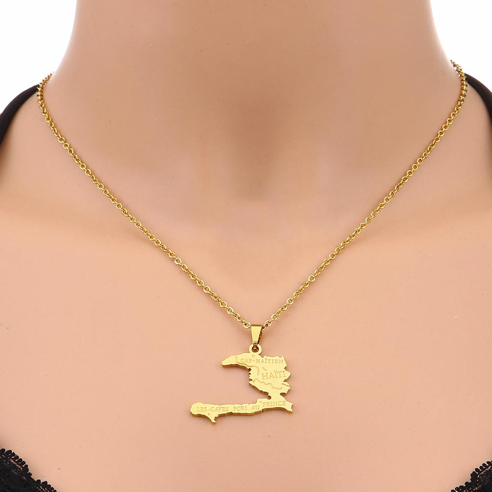 Haiti Map City Pendant Necklace Stainless Steel Men Women Gold/Steel Color Ayiti Country Map Jewelry Ethnic Gift