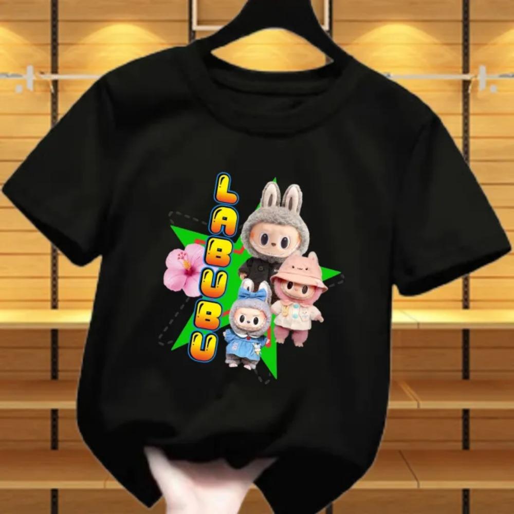 New Labubu Children's T-shirt Scarf LABUBU and Flower Pattern Girl Round Neck Short Sleeve Casual Versatile Clothing