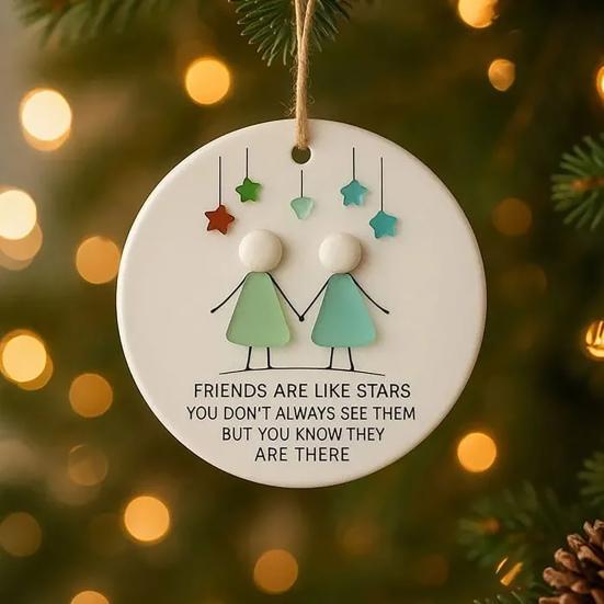 Friendship Sea Glass Christmas Ornament Round/Heart Shaped Friendship Keepsake for Best Friends Handmade Sea Glass Art Hanging Ornament