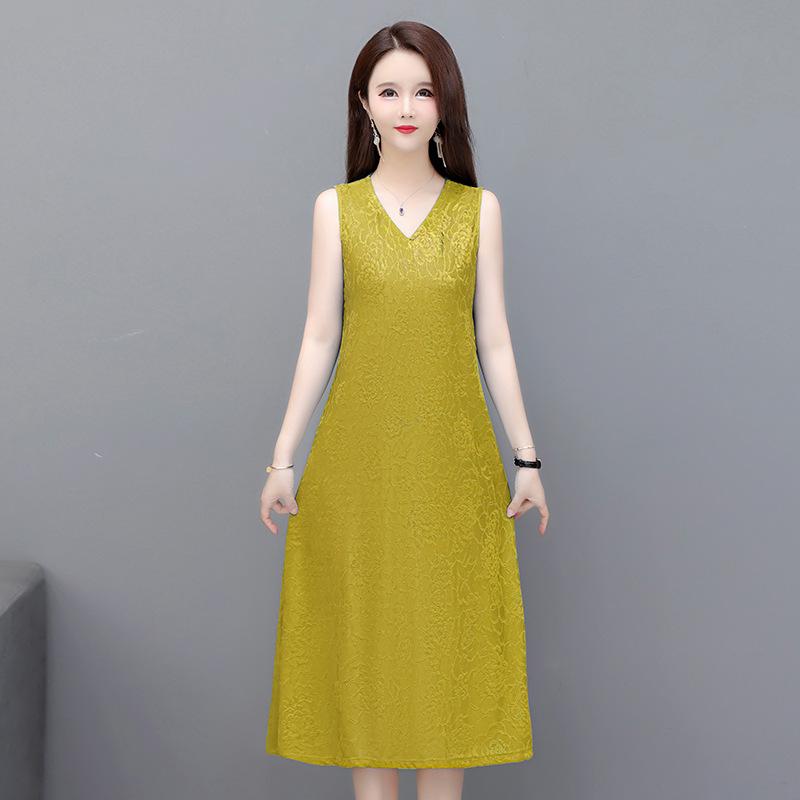 

High-End Elastic Jacquard V-Neck Sleeveless Long Vest Dress 4XL (145-160 Jin) жёлтый