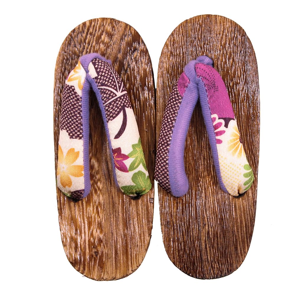 Geta for Burnt Paulownia Geta with Japanese Pattern Straps for Girls [KYOETSU] Kids, (19.5cm, G19)