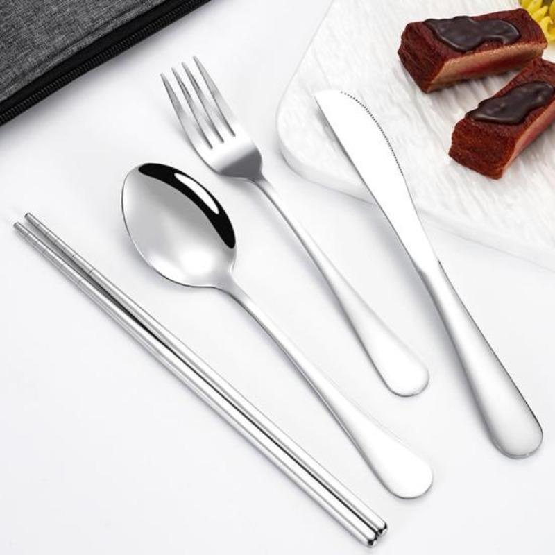 Stainless Steel Cutlery Set 4-Piece Retro Tableware Fork Spoon Chopsticks Knife with Storage Bag Mirror Polished Dishwasher Safe Cutlery Set