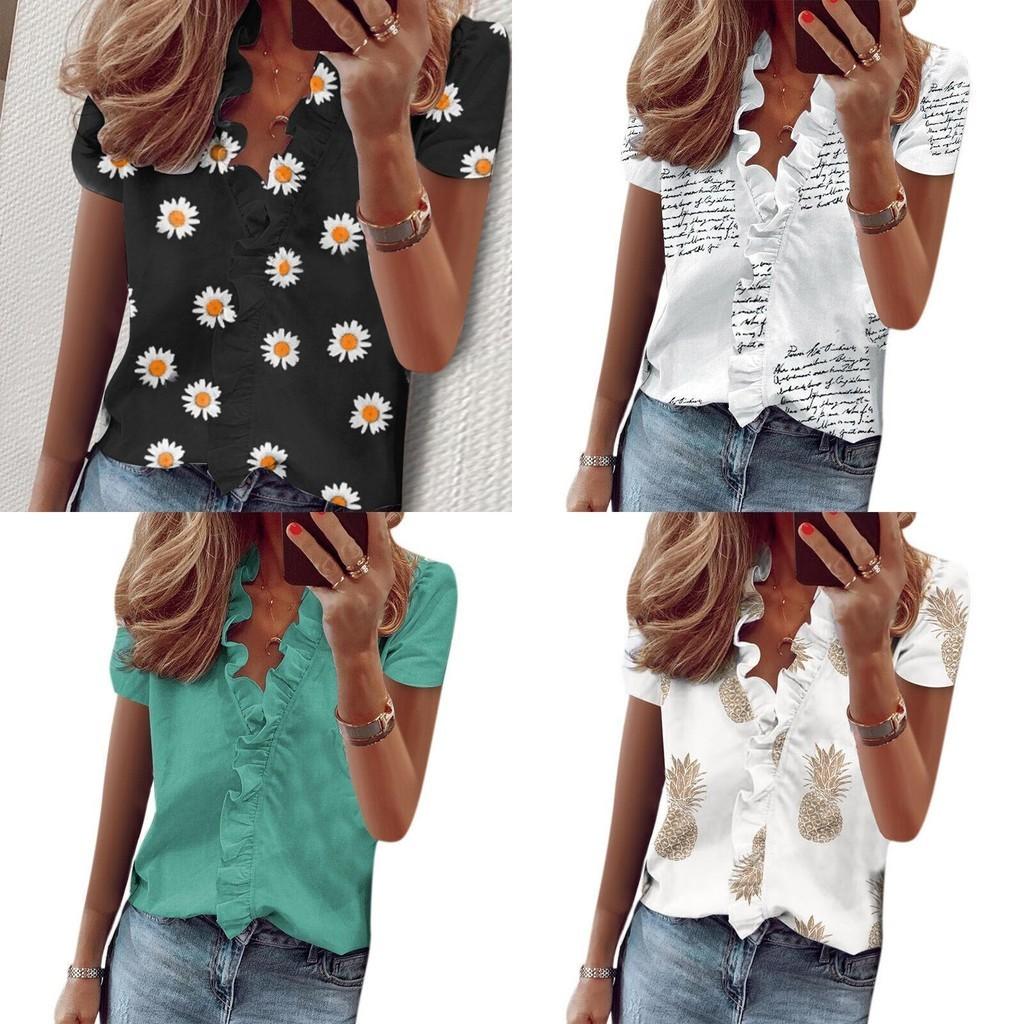 Stylish Women's V Neck Ruffle Short Sleeve T Shirt With Fashionable Daisy Print