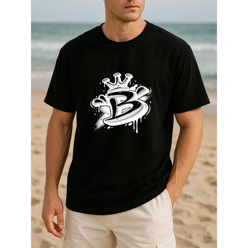 European Sizes Crown Graffiti B Street Cool Style Fashion Print T-Shirt, A Versatile Casual T-shirt Suitable for All Seasons for Men