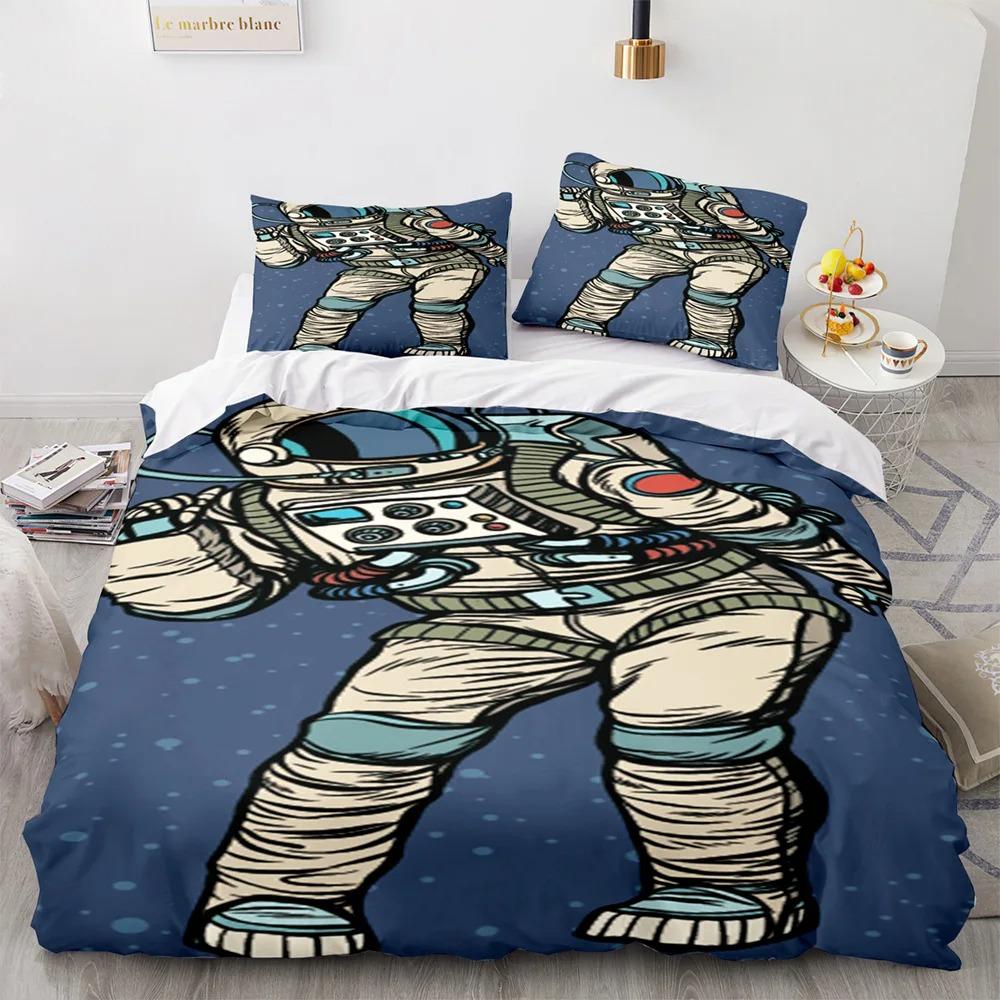 3D Astronaut King Queen Duvet Cover Cartoon Galaxy Universe Bedding Set for Boys Girls Outer Space Soft 2/3pcs Quilt Cover