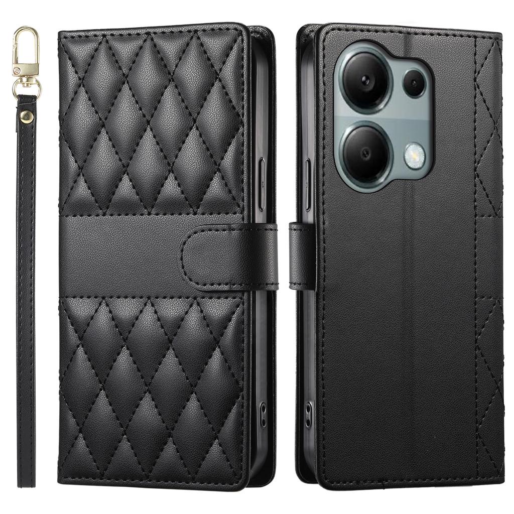 Etui dla Xiaomi Redmi Note 13 Pro 4G/Poco M6 Pro 4G, Pikowanie w romby, Portfel ze stojakiem, Skórzany pokrowiec na telefon z długim/krótkim paskiem