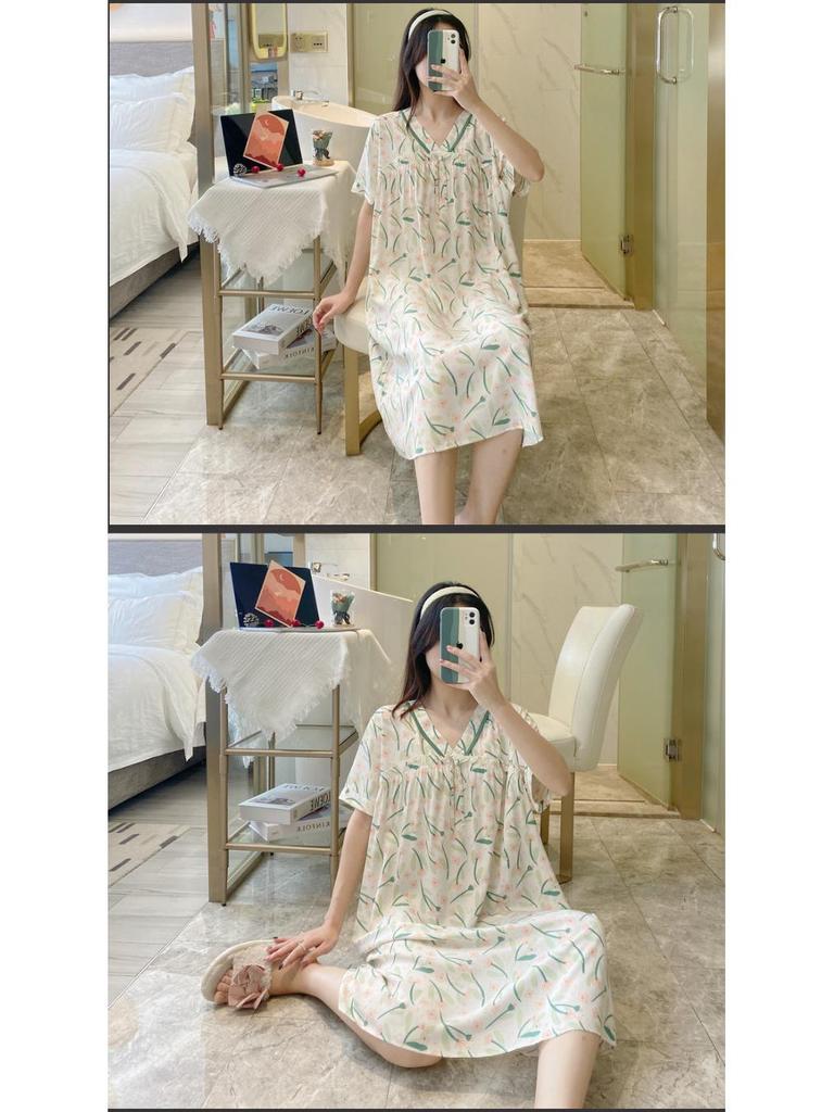 Sweet Summer V-Neck Cotton Rayon Nightgown - Loose-Fit, Short-Sleeved
