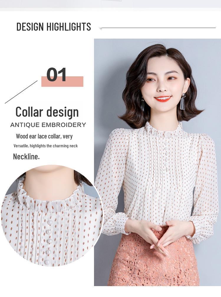 Moda coreana Primavera 2026: Camicia Larga in Chiffon a Pois con Volant - Top Elegante e alla Moda per Donna