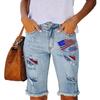 Mid Rise Straight Leg Denim Shorts for Women Distressed Ripped Design with Printed Pattern Casual Summer Five Inch Length Pants