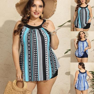 2024 Plus Size Tankini Set Women's Plus Chain and Polka Dot Stripe Print Round Neck Top Shorts Swimsuit Two Piece Set