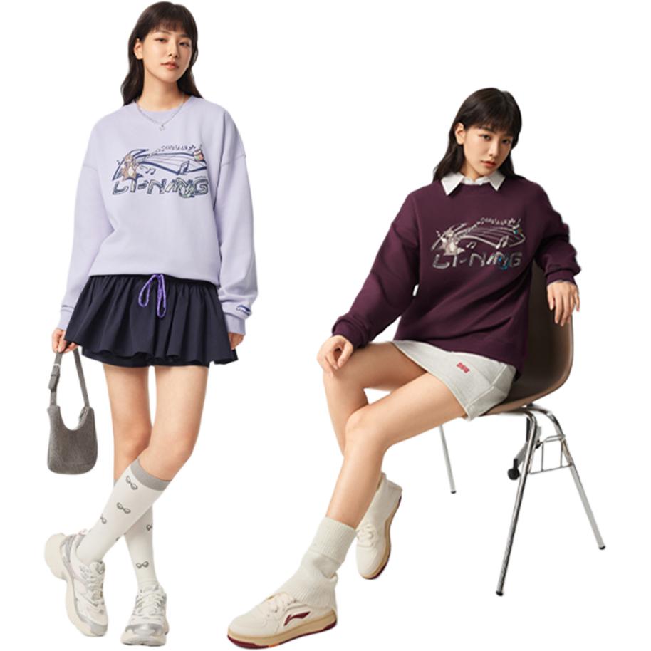 Li Ning Sports Lifestyle Series Casual Fashion Simple Versatile Letter Round Neck Fleece Warm Breathable Loose Sweatshirt Women sweatshirt AWDVC76-4