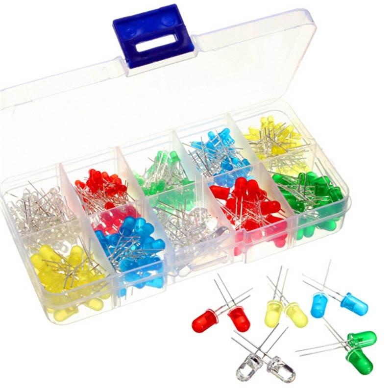 New 200Pcs  5mm LED Light White Yellow Red Blue Green Assortment Diodes Kit
