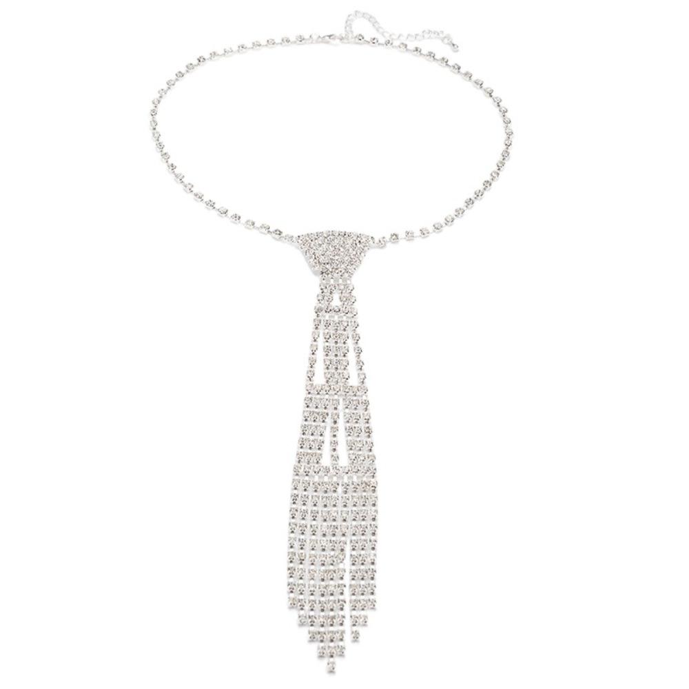 Charm Tie Shape Necklace Exaggerated Crystal Chain Choker Rhinestone Tassel Necklace  Party