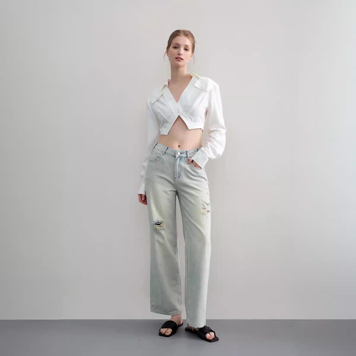 Women s Retro Blue High-Waist Slim-Fit Ripped Denim Pants 25