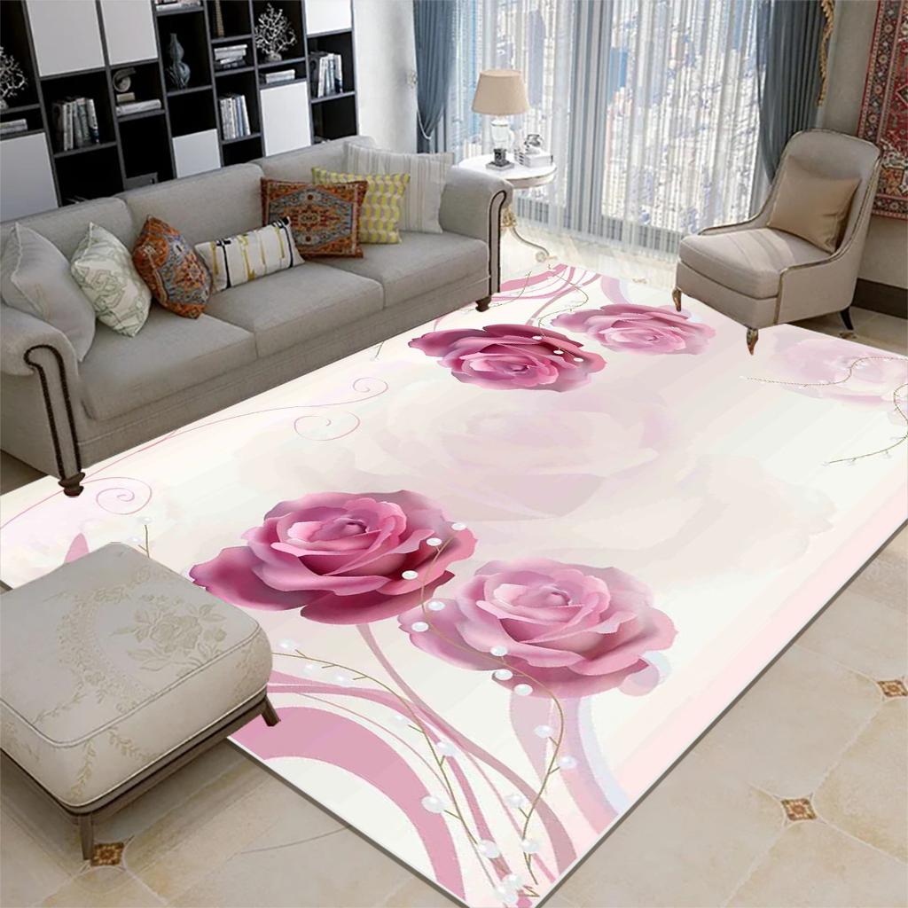 Modern Style Pink Rose Carpets Living Room Decoration Carpet Girl Bedroom Bedside Bay Window Non-slip Rug Washable Floor Mat