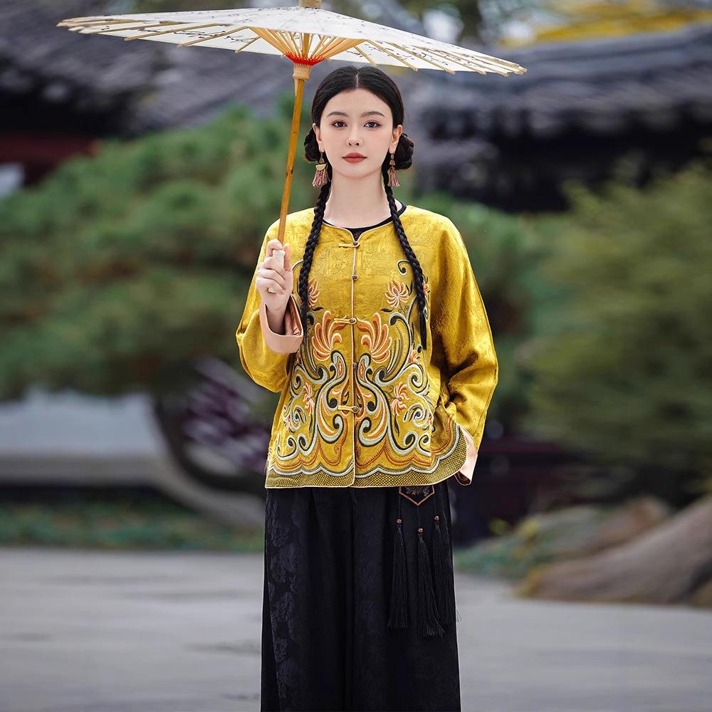 

2025 Ethnic Style Women s Chinese Jacquard Satin Embroidered Frog Button Loose Coat L жёлтый
