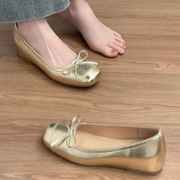 Sheepskin version~ leather small inner height increase Mary Jane shoes women's French retro bow ballet shoes single shoes