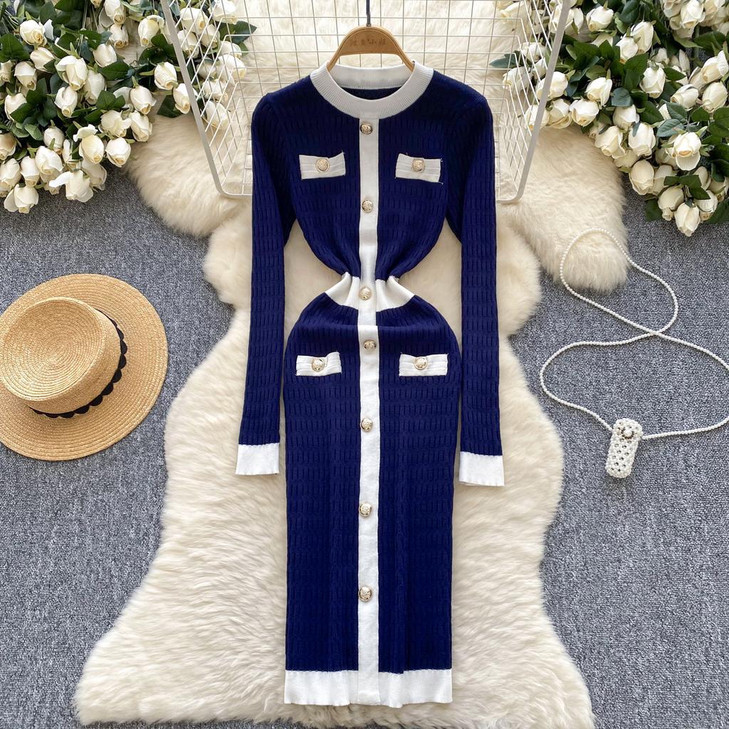 Winter Senior Retro Knitting Dress O Neck Buttons Design France Elegant Skinny Chic Female Autumn Casual Sweater Midi Dress