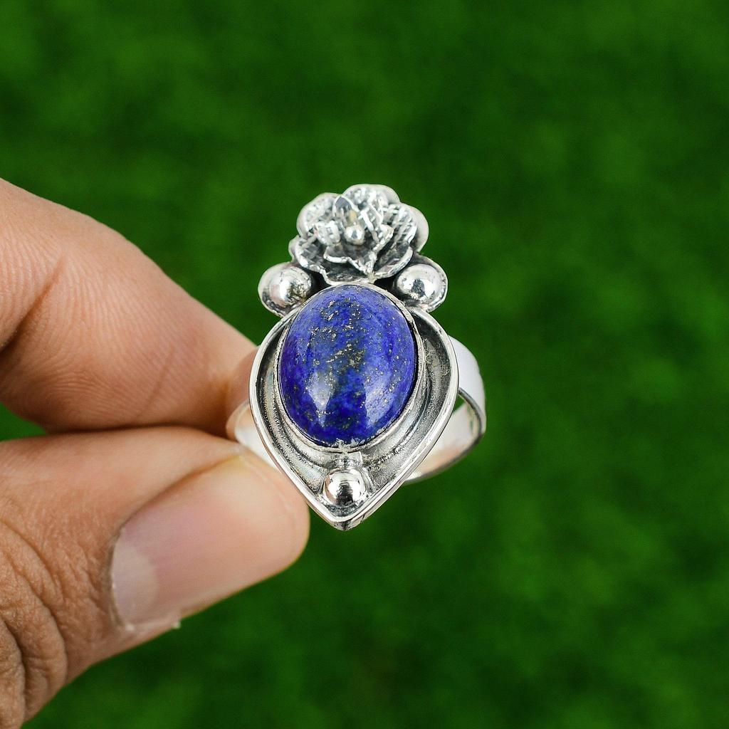 Natural Lapis Lazuli 925 Silver Stackable Flower Adjustable Ring For Women