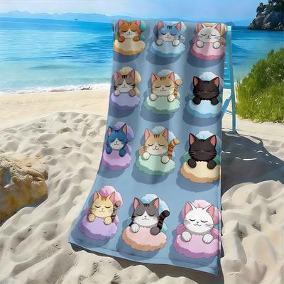 Cartoon Cloud Cat Cute Pattern Polyester Microfiber Beach Towel Is Highly Absorbent, Suitable for Swimming and Beach Outings