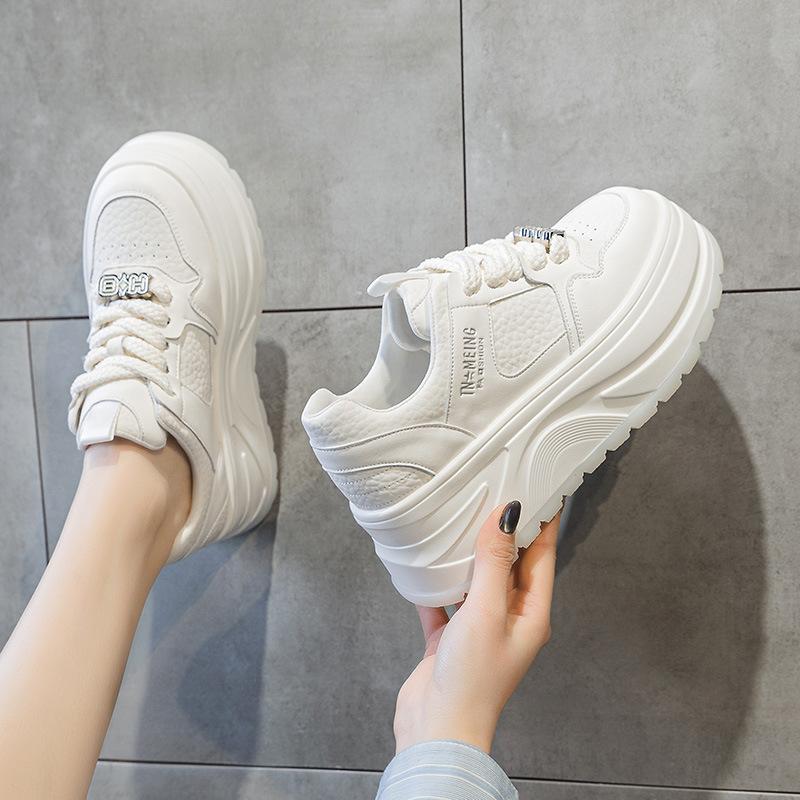 2025 Spring and Autumn New Korean Version of Thick-soled Heightening White Shoes Women's Leather Lace-up Showing Feet Small Casual Versatile Muffin