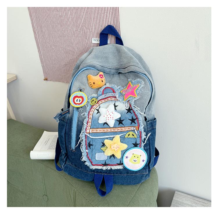 

Retro Star Patchwork Gradient Denim Backpack - Cute Japanese Schoolbag for College Students джинсовый синий