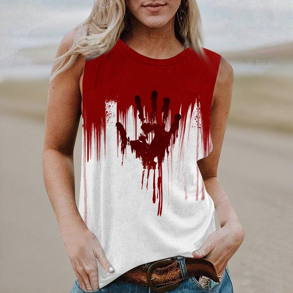 Women's Round Neck Casual Sleeveless Halloween Printed Vest T-Shirt Top