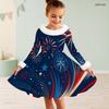 Kids Girls Furry Collar Long Sleeve Star Printed Bow Waist A Line Flared Dress