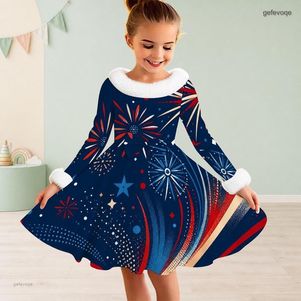 Kids Girls Furry Collar Long Sleeve Star Printed Bow Waist A Line Flared Dress