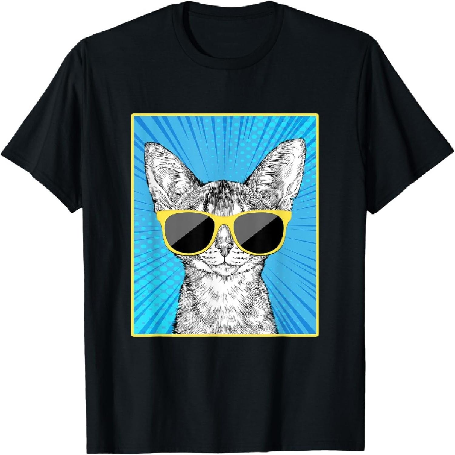 Abyssinian Cat Portrait Pop Art Cat with Sunglasses T-Shirt S