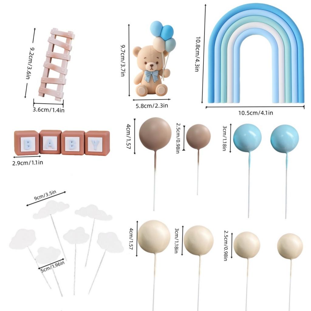 Luxury Blue Bear Cake Toppers Decorations Rainbow Balloon Bears with Balls Cake Decor for Baby Shower Girls Boys Birthday Party