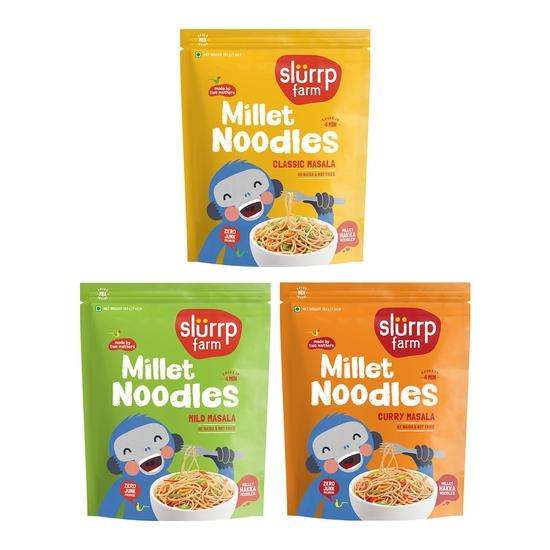 

Slurrp Farm No Maida Hakka Noodles Combo, Not Fried, No MSG, Classic, Mild and Curry Masala Millet Noodles, Pack of 3 X 192 g 600GM